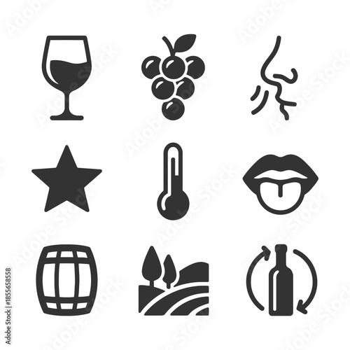 Wine tasting icons featuring glass grapes barrel vineyard bottle nose lips star thermometer.