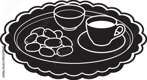 illustration of coffee cups and beans on a decorative plate Vector illustration