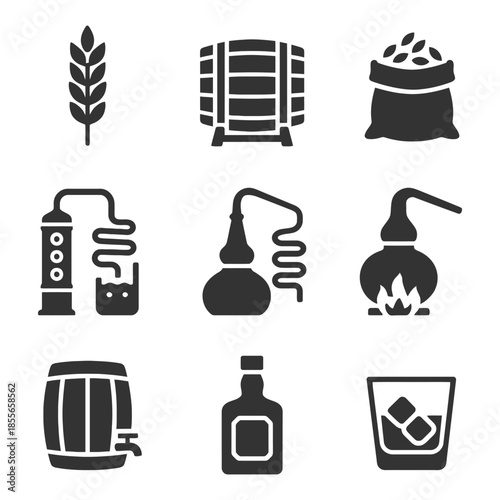 Distillery icons: equipment for brewing and alcohol production.