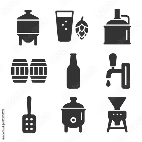Brewery equipment icons: barrels, hops, tanks, and more for brewing enthusiasts.