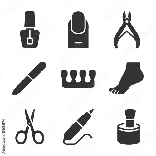 Icon set: manicure and pedicure tools collection in black silhouette style.