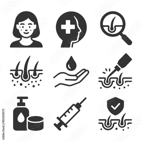 Skincare and treatment icons with research and care symbols.