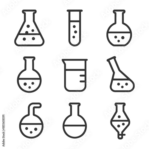 Set of nine chemistry laboratory glassware icons including flasks and beakers.