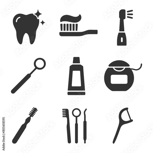 Dental care icons set: toothbrush, toothpaste, floss, and tools.