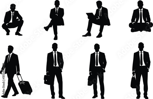 Business professional silhouette illustration set, seated and standing poses, laptop, briefcase, suitcase, black vector icons, isolated