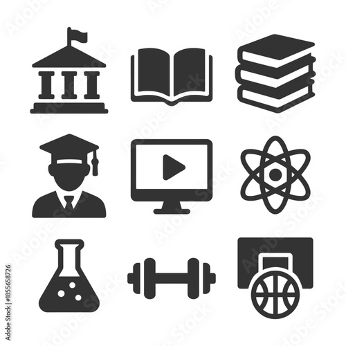 Education and science icons: online learning, graduation, and stem symbols.