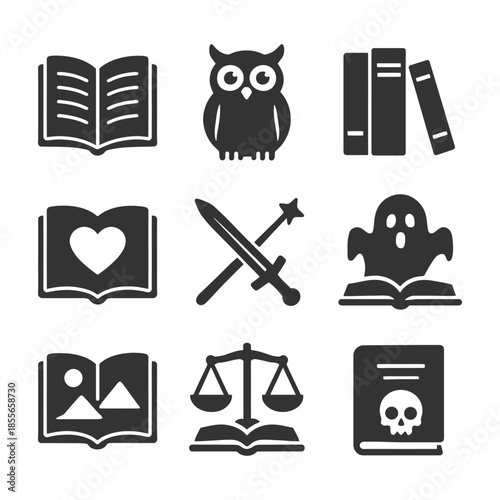 Icons of books, owl, sword, ghost, scales, and skull in black and white.