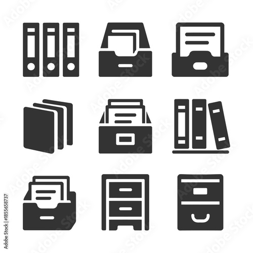 Collection of office file organizers and archive icons in black and white.