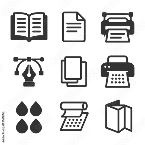Print and design icons set: book, paper, printing press, vector tool, ink drops, brochure.