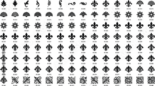 Vintage ornamental fleur de lis symbols set, decorative floral elements collection, classic black vector icons for design, patterns, branding
