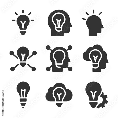 Set of innovative light bulb and head icons illustrating creativity and ideas.