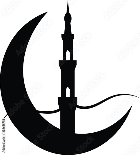 Black silhouette of a mosque tower with a crescent moon Vector illustration