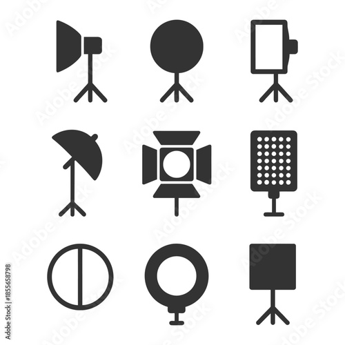Set of studio lighting equipment icons: softbox, umbrella, led panel, reflector.