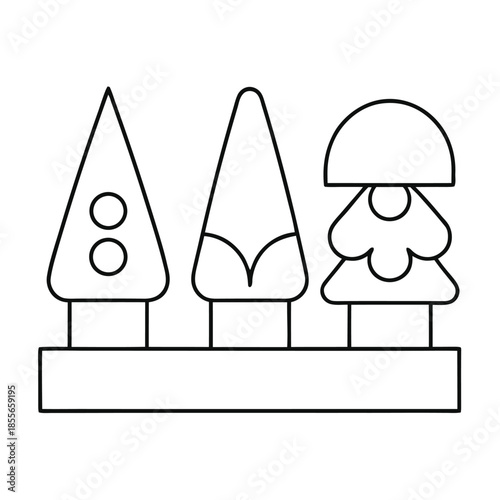 Three stylized trees are lined up on a rectangular base in a simple outline drawing.