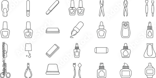 Manicure and nail care outline icon vector set with polish bottles, clippers, files, scissors, and beauty tools for salon, cosmetic, and hygiene design