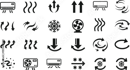 Air conditioning and ventilation icon vector set with heating, cooling, airflow, temperature control, and climate system symbols for HVAC, home, and industrial design