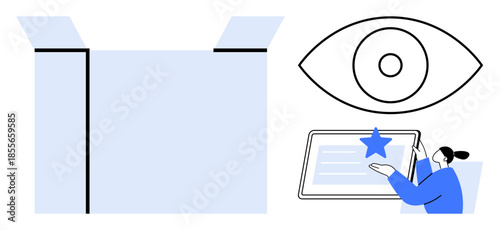 Feedback systems, user analysis, online reviews, monitoring processes, digital services, customer satisfaction. Open box and person engaging with a screen. Feedback systems and user analysis concept