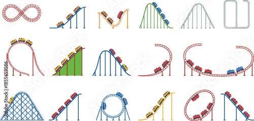 Roller coaster track vector set with looping, twisting, and steep rides, amusement park attractions and thrill ride illustrations for entertainment and leisure design