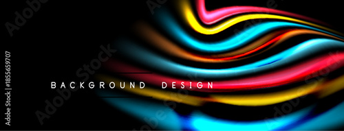 Abstract colorful waves flow across black background. Vibrant design creates dynamic visual effect. Modern aesthetic, smooth curves.