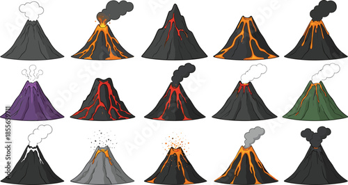 Volcano eruption vector set with smoking and lava flowing mountains, explosive natural disaster illustrations for geology, nature, danger, and educational design concepts