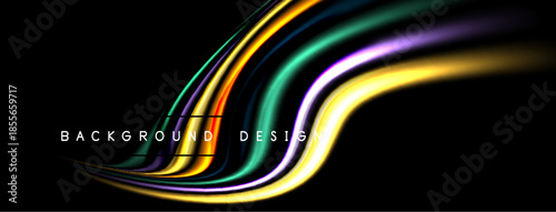 Abstract colorful lines flow across black background. Dynamic curves create modern visual effect. Bright hues add energy, texture.