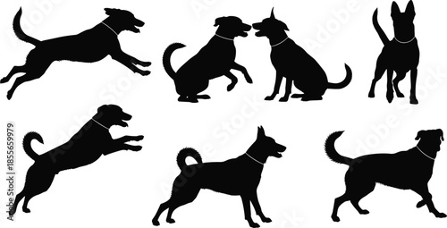 Dog silhouette illustration set, collars visible, jumping, sitting, standing, interacting poses, black vector icons, isolated