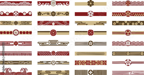 Traditional Japanese Decorative Border Patterns with Floral Kamon Emblems and Oriental Dividers Set
