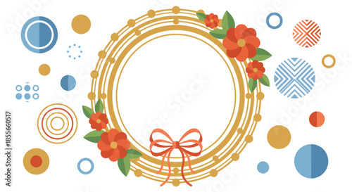 Decorative golden wreath frame with orange-red flowers and a bow, surrounded by colorful circles for celebration or greeting cards