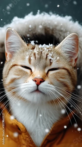 Cute ginger cat in warm winter jacket enjoying falling snow, vertical video for social media