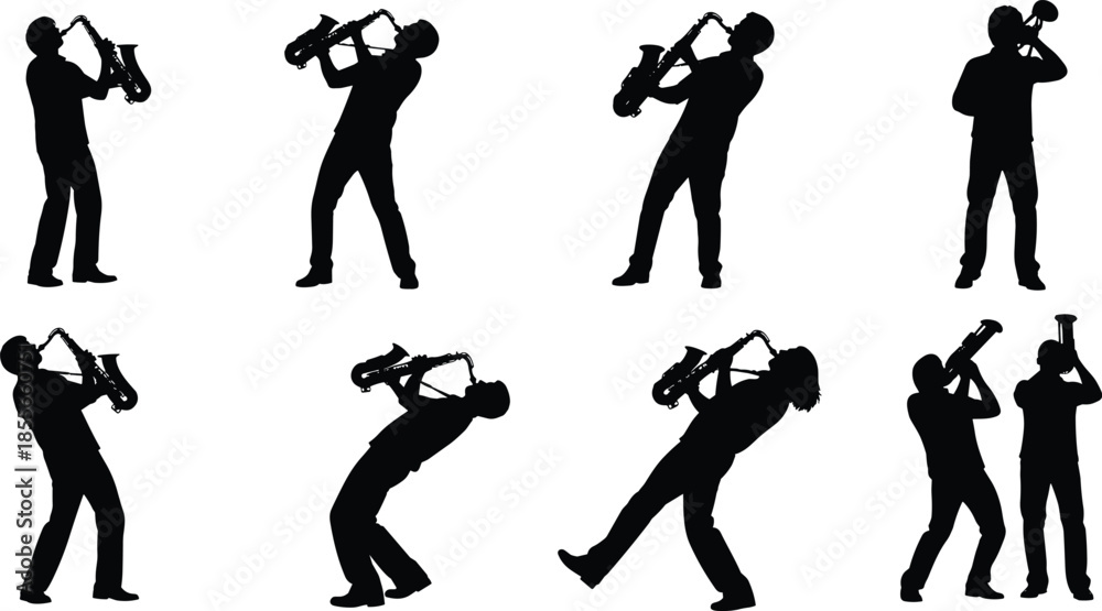 Fototapeta premium Jazz musician silhouette illustration, saxophone and trumpet players, dynamic poses, performance stances, black vector icons, isolated