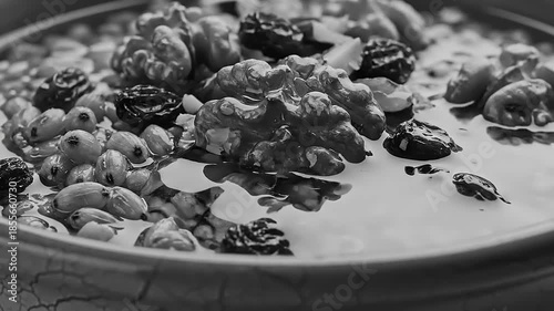 Close up of a bowl of cereal with nuts and berries, healthy breakfast.