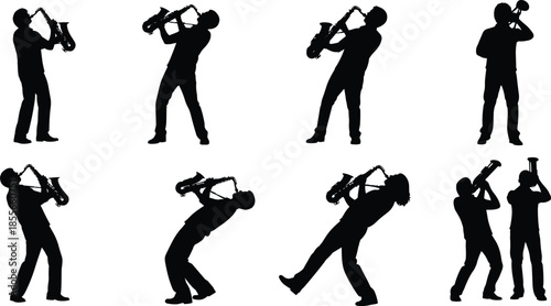 Jazz musician silhouette illustration, saxophone and trumpet players, dynamic poses, performance stances, black vector icons, isolated