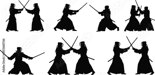 Kendo silhouette illustration set, sparring poses, bamboo sword techniques, traditional armor, martial art theme, black vector icons, isolated