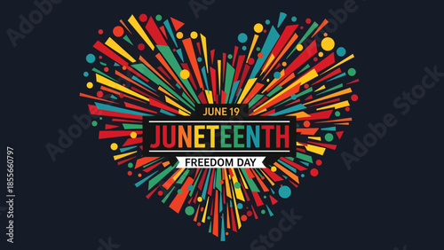 Vibrant heart-shaped Juneteenth fireworks illustration celebrating June 19 and African American heritage and freedom