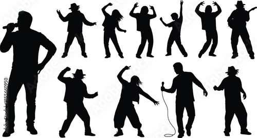 Performer silhouette illustration, singers, dancers, guitarist, dynamic stage poses, black vector icons, concert energy, isolated
