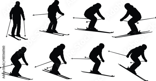 Skier silhouette illustration set, skiing and jumping sequence, dynamic poses, alpine technique, ski poles, black vector icons, isolated
