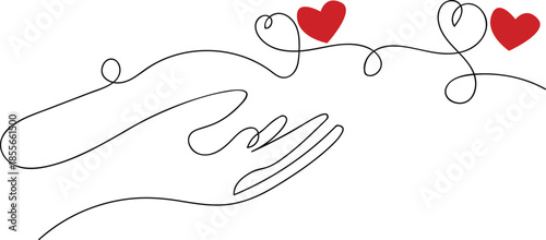 One continuous line drawing of hands holding heart. Concept of love relationship and volunteer organisation symbol in simple linear style. A symbolic continuous line art of two hands holding and prote