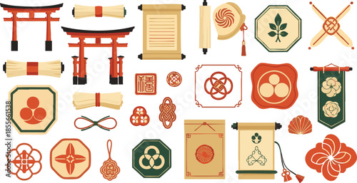 Traditional Japanese Cultural Symbols Set with Torii Gates, Ancient Scrolls and Oriental Emblems