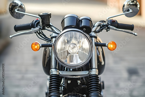 Gleaming motorcycle front view with illuminated turn signals on