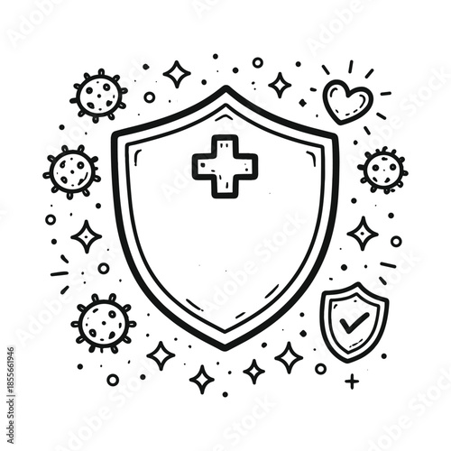 Outline illustration of shield protecting against viruses