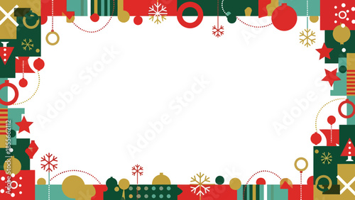 Festive Christmas border frame with gifts, ornaments, candy canes and snowflakes around a blank white center