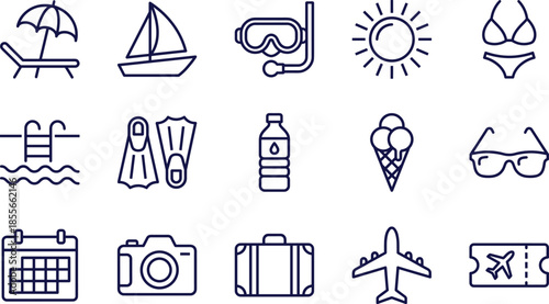 Travel and summer vacation icon set including beach umbrella sailboat snorkeling mask bikini swimming pool luggage airplane camera and holiday symbols