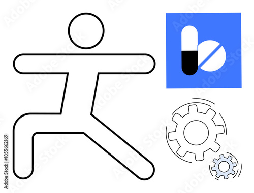 Health and wellness, medical treatment, fitness, innovation, pharmaceutical advancements, technology integration. Outline of person with gear mechanisms and capsule symbol. Health and technology