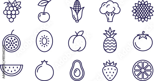 Fruit and vegetable icon set including grapes cherry corn broccoli sunflower tomato pineapple peach watermelon strawberry avocado orange and organic symbols