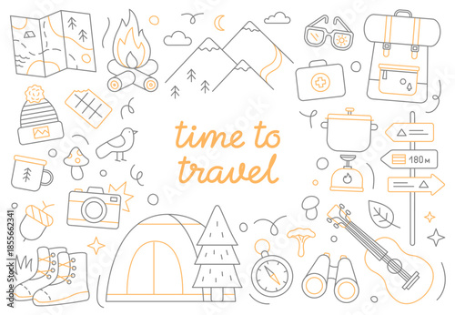 Camping and hiking icons. Outdoor travel adventure concept with nature elements and equipment. Line vector illustration for banners or ads.