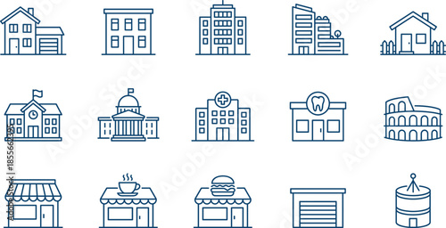 Building and architecture icon set including houses office towers government centers hospitals schools stores cafes restaurants garages and historic landmark symbols