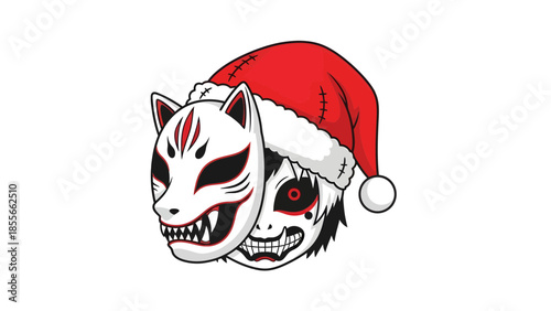 A festive illustration of a masked creature wearing a Santa hat