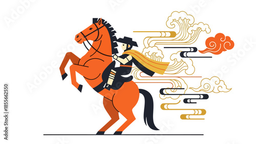 Vibrant orange horse and armored rider in dynamic motion: decorative vector cavalry illustration with flowing wind and clouds