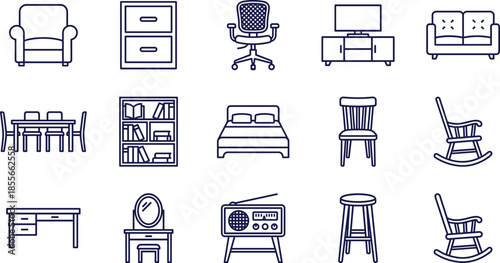 Furniture and home decor icon set including sofa bed chair table desk bookshelf cabinet radio mirror stool and interior design symbols