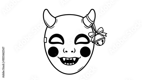 Traditional Japanese Oni Mask with Bell Decoration - Unique Graphic Illustration